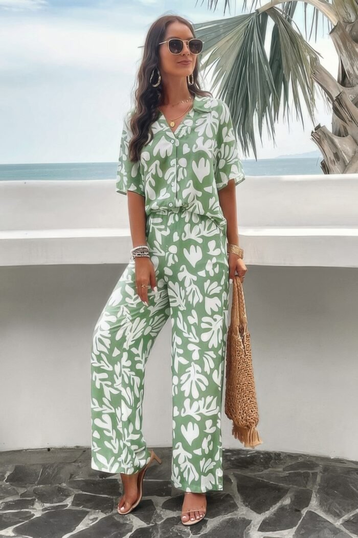 Print Front Button Two Pieces Blouse Sets - Image 5