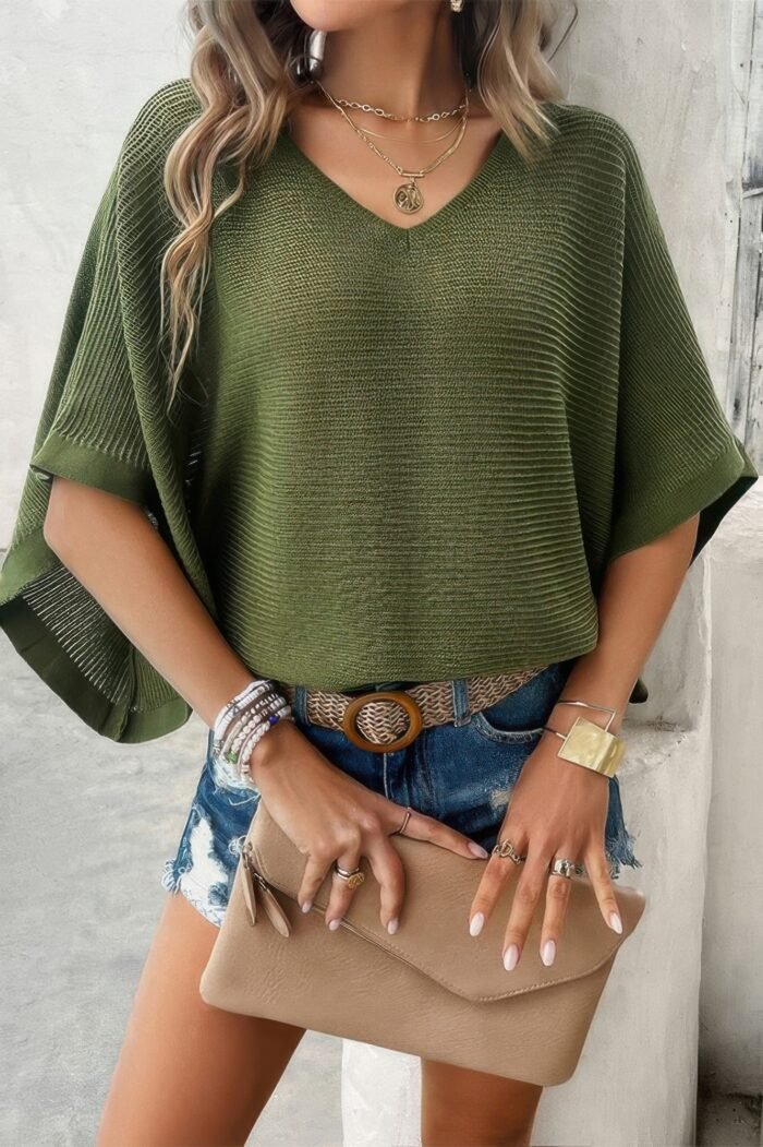 Solid V Neck Knit Loose Fit Bat Sleeves Top - Image 9