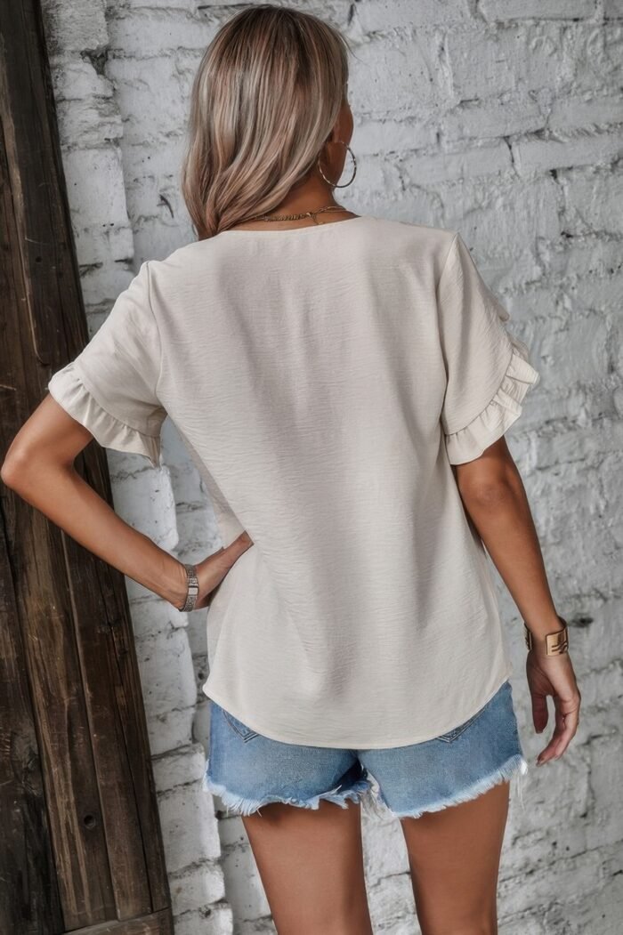 Solid Button V Neck Ruffle Sleeves Blouse - Image 6
