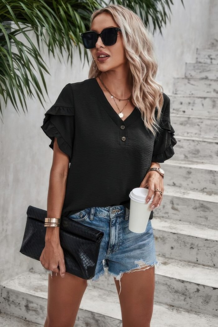 Solid Button V Neck Ruffle Sleeves Blouse - Image 7