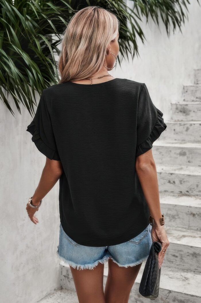 Solid Button V Neck Ruffle Sleeves Blouse - Image 9