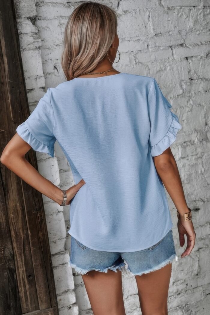 Solid Button V Neck Ruffle Sleeves Blouse - Image 12