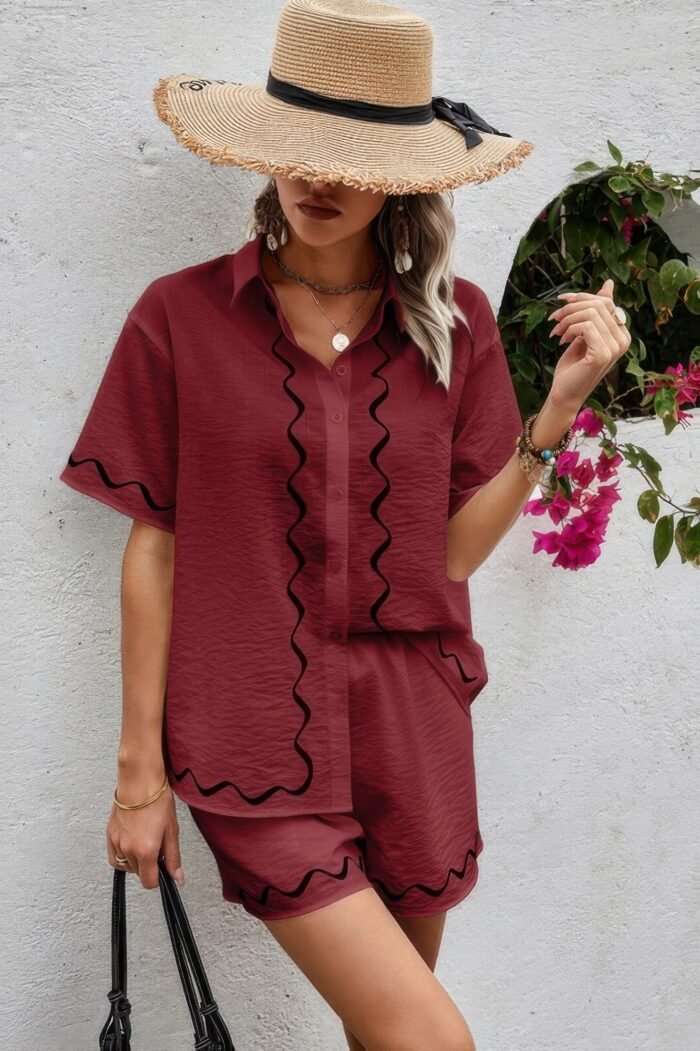 Two Piece Button Down Short Sleeve Outfits Sets - Image 1
