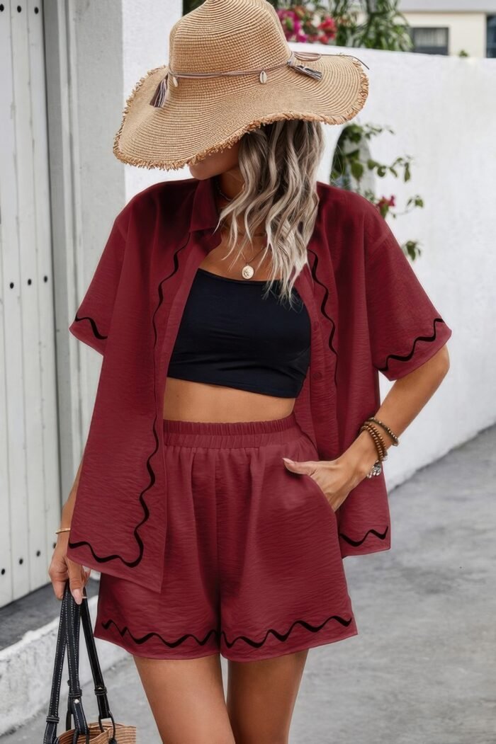 Two Piece Button Down Short Sleeve Outfits Sets - Image 2