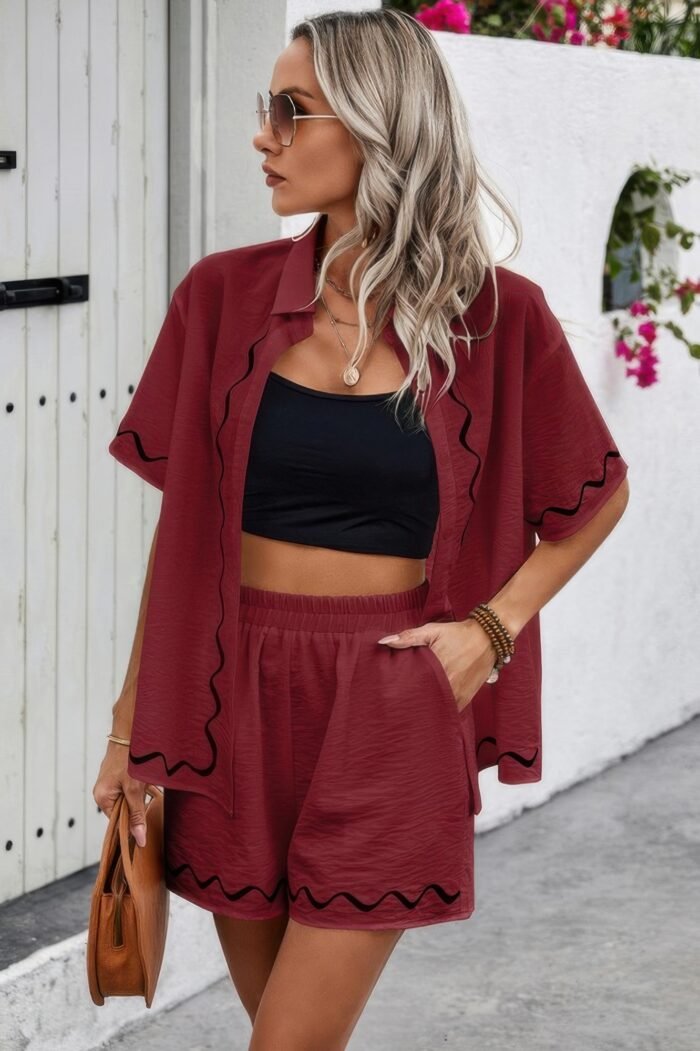 Two Piece Button Down Short Sleeve Outfits Sets - Image 3