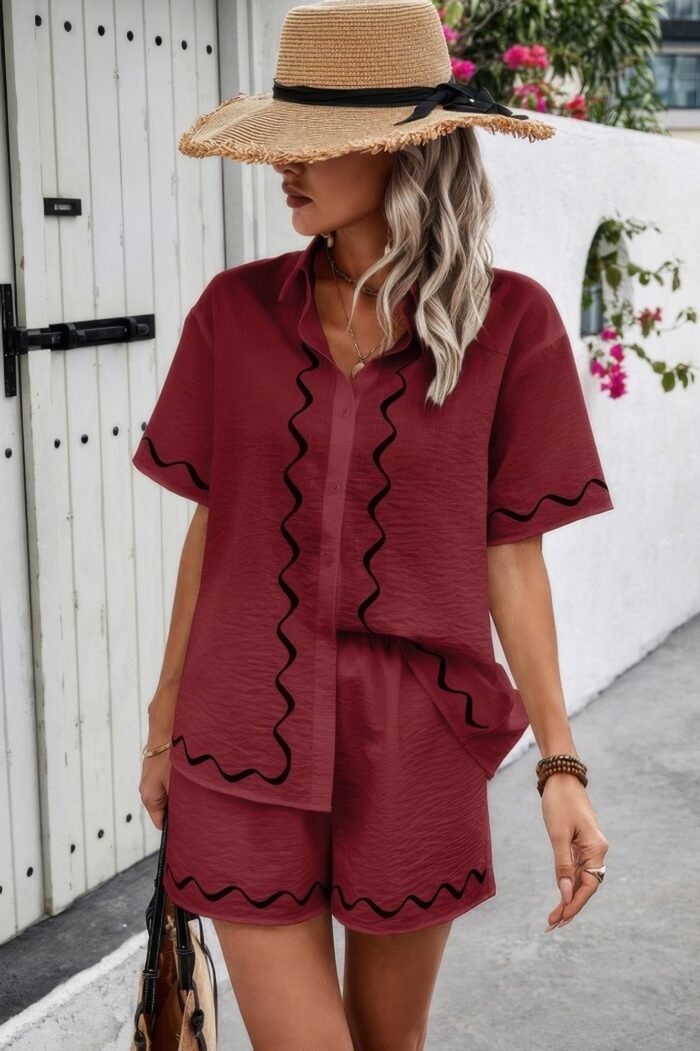 Two Piece Button Down Short Sleeve Outfits Sets - Image 5
