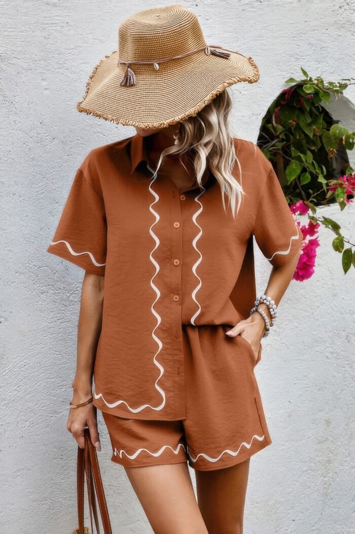 Two Piece Button Down Short Sleeve Outfits Sets - Image 7