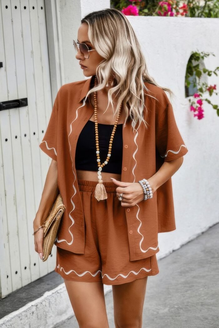 Two Piece Button Down Short Sleeve Outfits Sets - Image 9