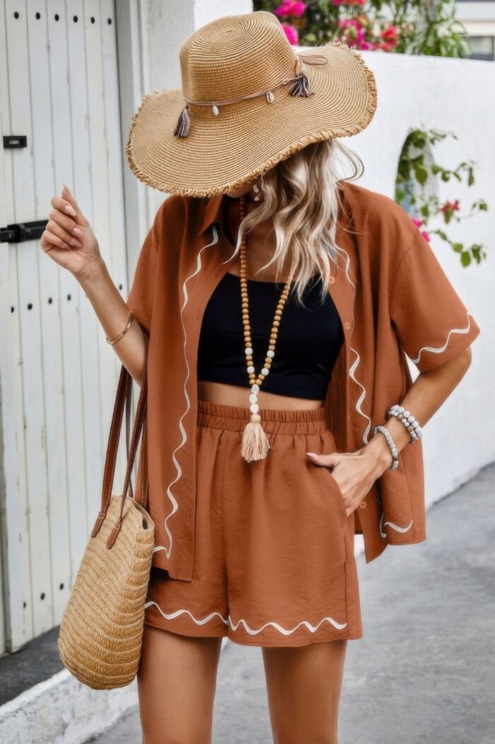 Two Piece Button Down Short Sleeve Outfits Sets - Image 10