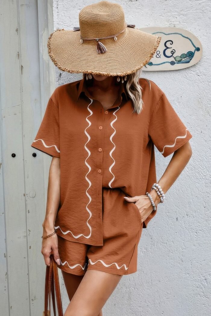 Two Piece Button Down Short Sleeve Outfits Sets - Image 11