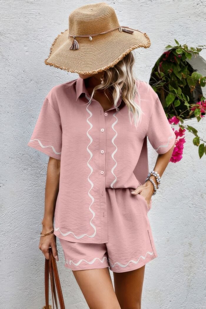 Two Piece Button Down Short Sleeve Outfits Sets - Image 13