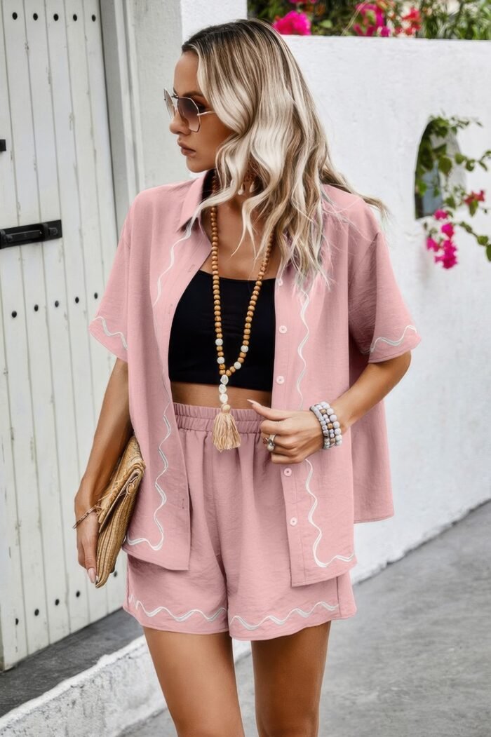Two Piece Button Down Short Sleeve Outfits Sets - Image 15