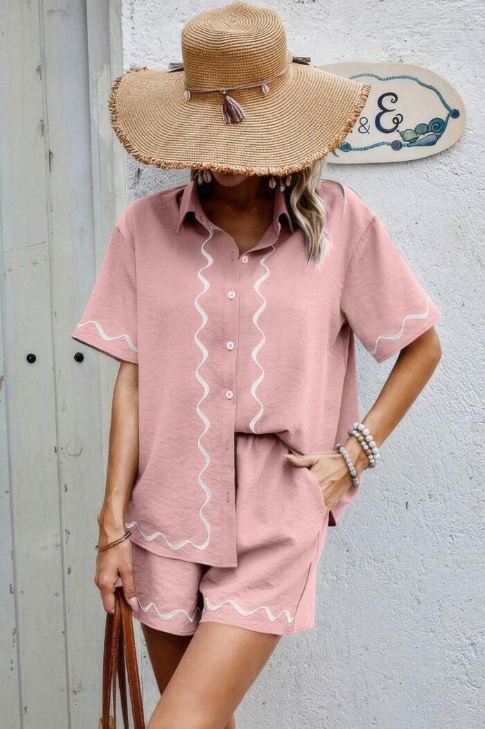 Two Piece Button Down Short Sleeve Outfits Sets - Image 16