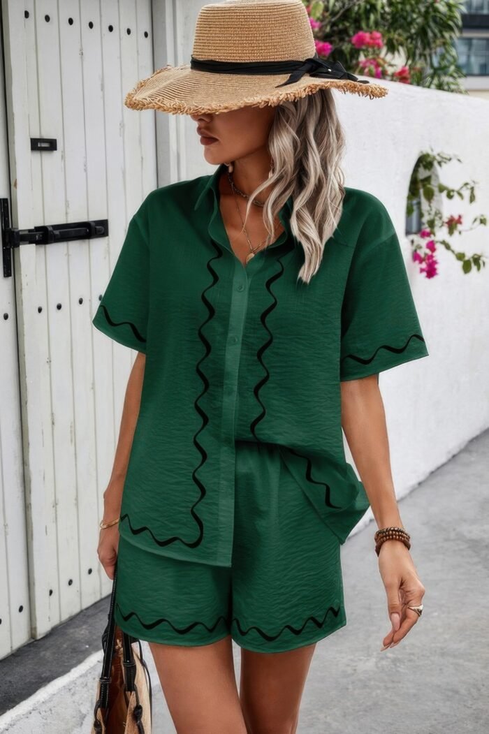 Two Piece Button Down Short Sleeve Outfits Sets - Image 17