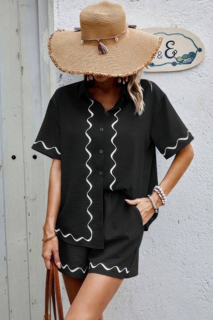 Two Piece Button Down Short Sleeve Outfits Sets - Image 18