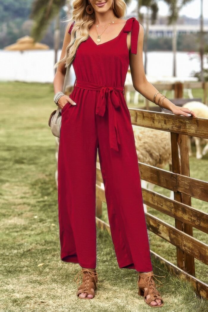 Solid v neck knot shoulder sleeveless ruched belt - image 8
