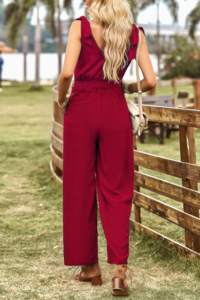 Solid v neck knot shoulder sleeveless ruched belt - image 10