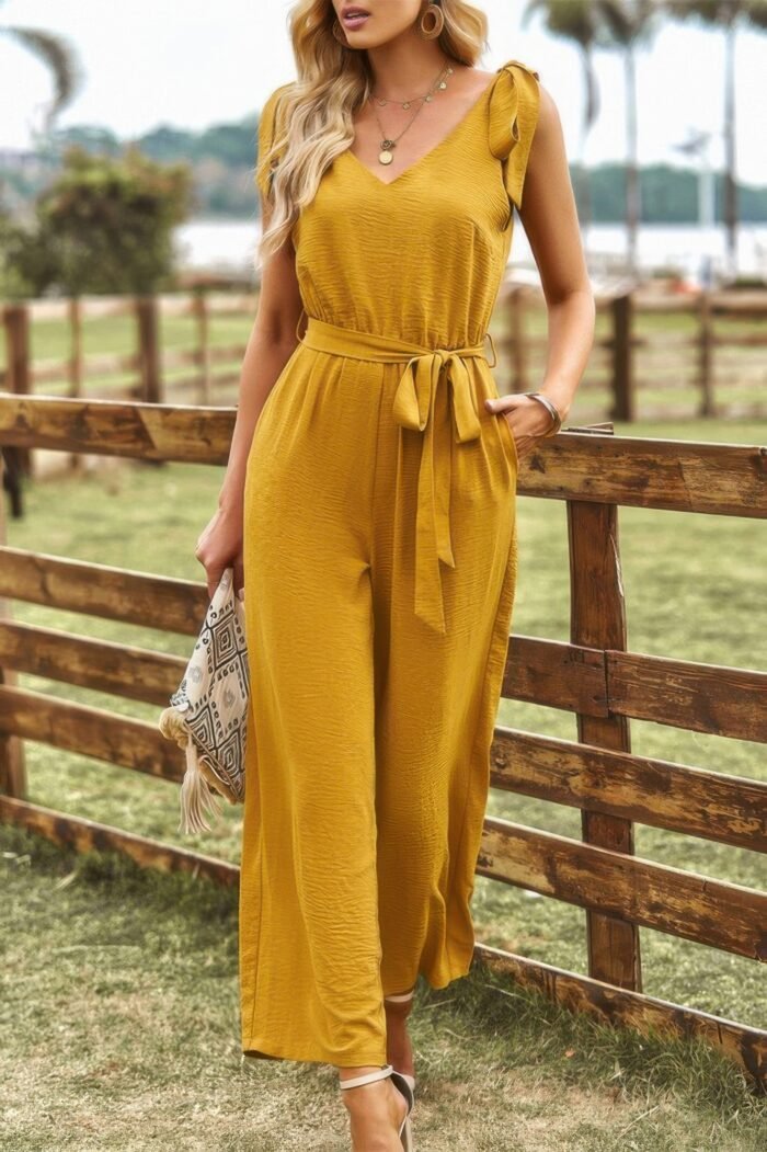 Solid v neck knot shoulder sleeveless ruched belt - image 11