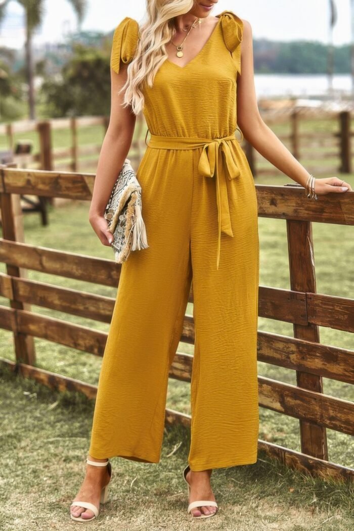 Solid v neck knot shoulder sleeveless ruched belt - image 12