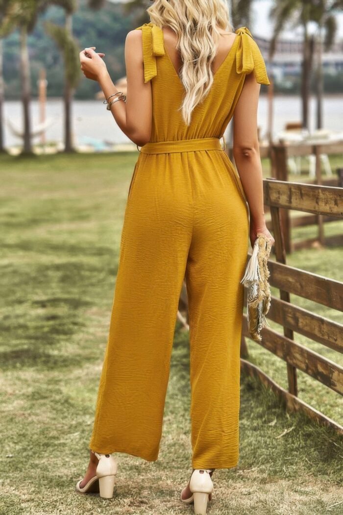Solid v neck knot shoulder sleeveless ruched belt - image 13