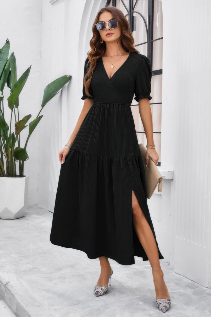 Solid V Neck Ruched High Waist Puff Sleeve Dress - Image 1