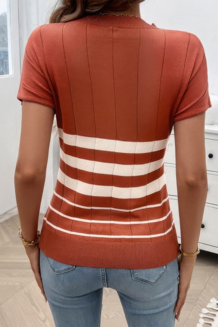 Round Neck Strip Knit Fit Short Sleeve Top - Image 2