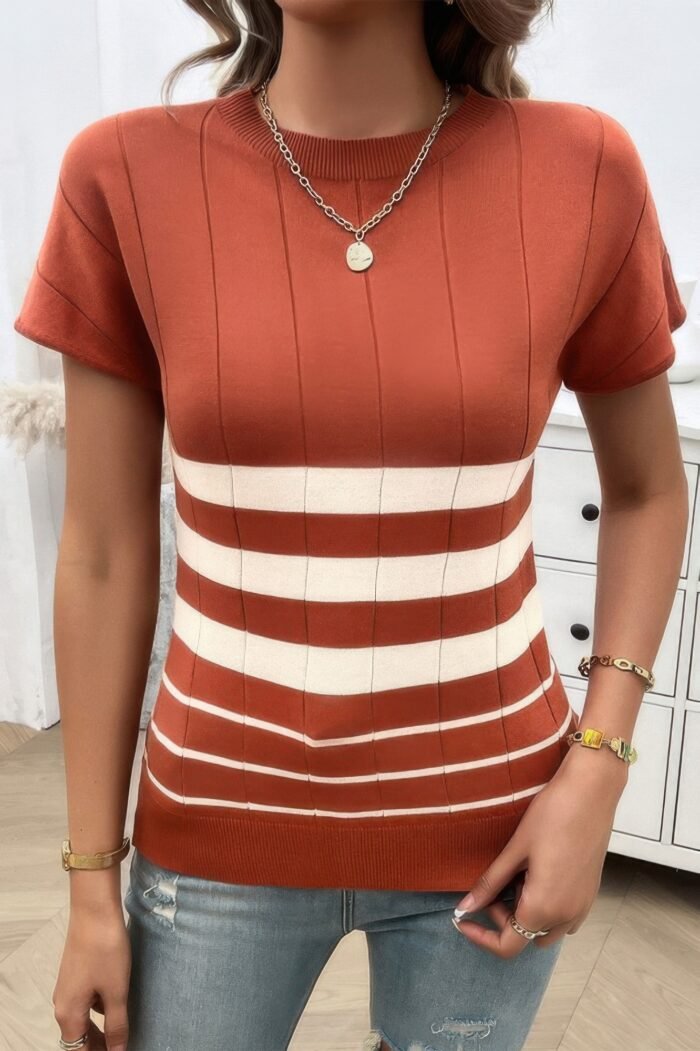 Round Neck Strip Knit Fit Short Sleeve Top - Image 3