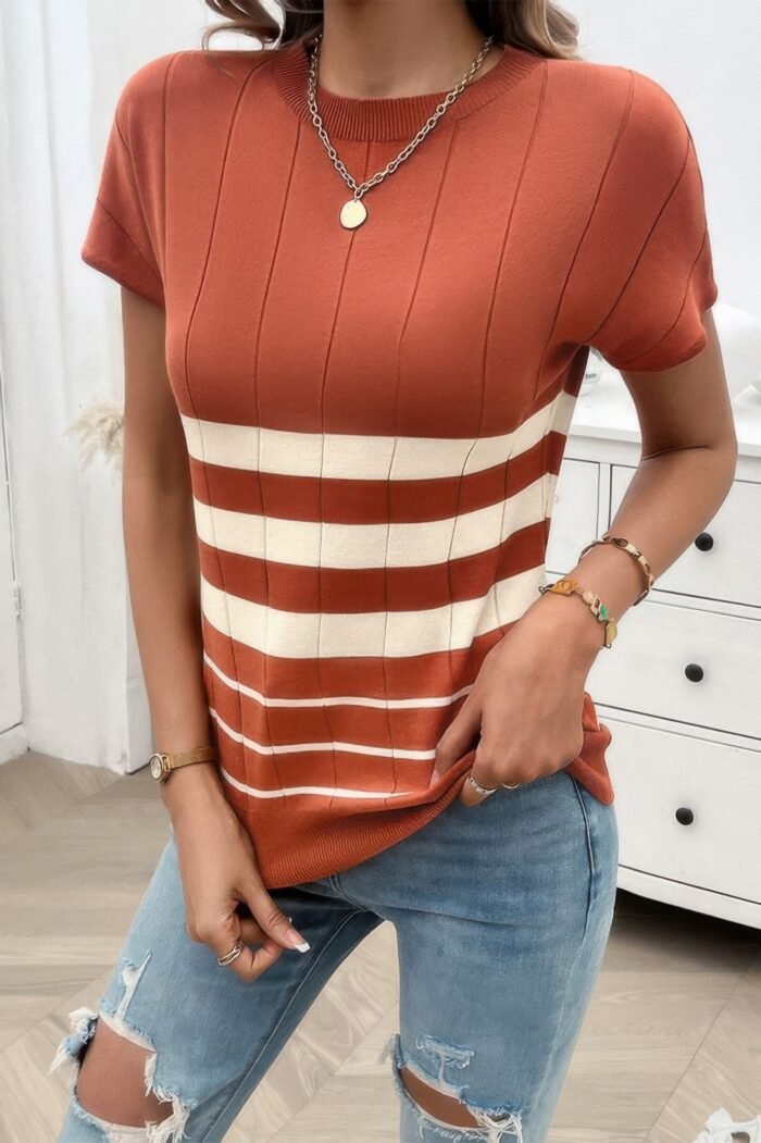 Round Neck Strip Knit Fit Short Sleeve Top - Image 4