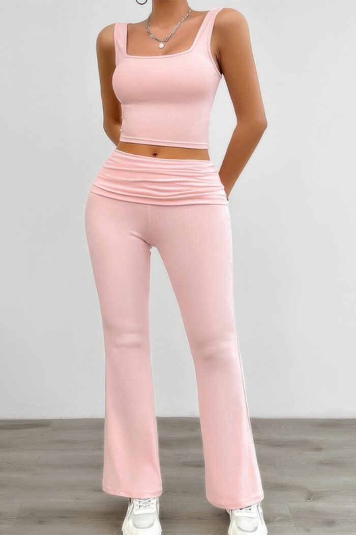 Two Pieces Square Neck Ruched Sleeveless Sets - Image 1
