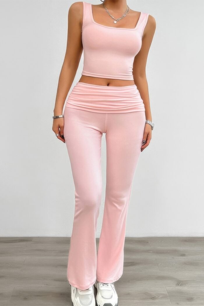 Two Pieces Square Neck Ruched Sleeveless Sets - Image 2