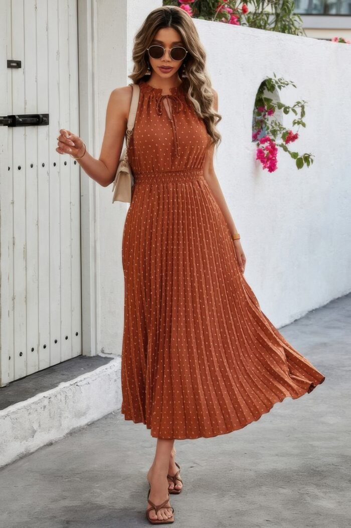 Sleeveless Dot Print Cross Fit Pleated Dress - Image 1