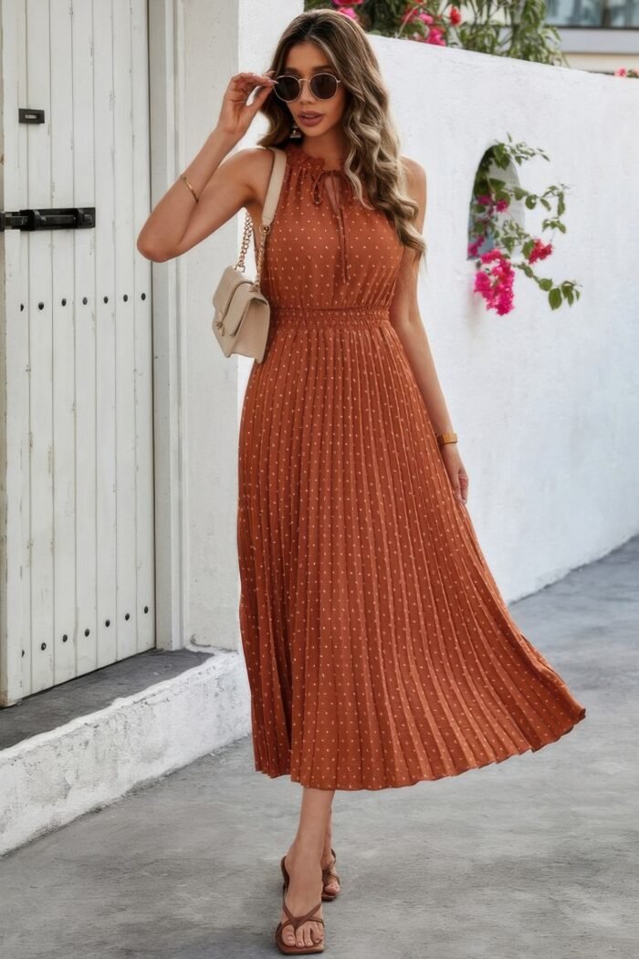 Sleeveless Dot Print Cross Fit Pleated Dress - Image 3