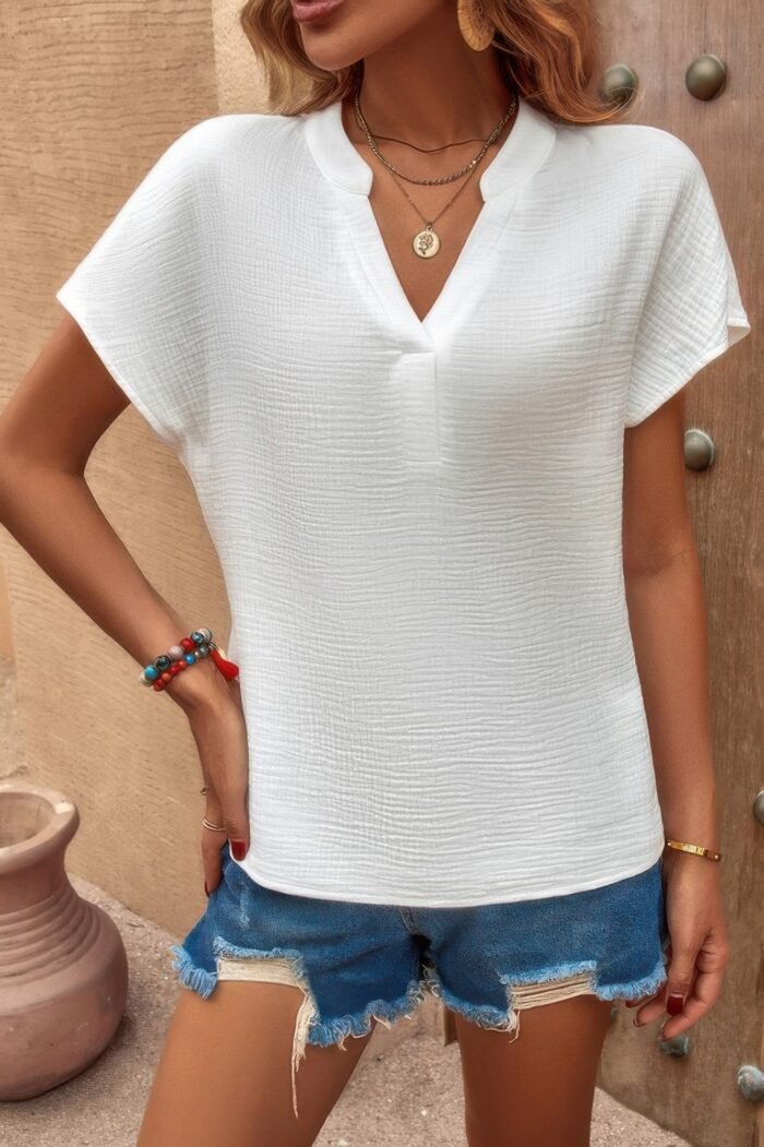 Bat Sleeve V Neck Loose Tank Ruched Solid Blouse - Image 4