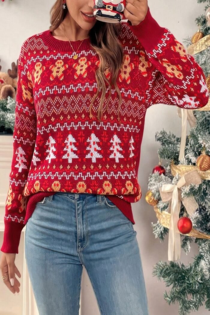 Knit Christmas Print Round Neck Loose Fit Sweater - Image 1