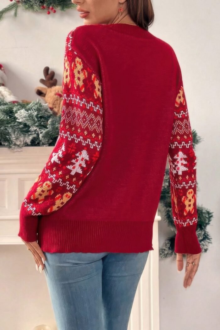 Knit Christmas Print Round Neck Loose Fit Sweater - Image 6