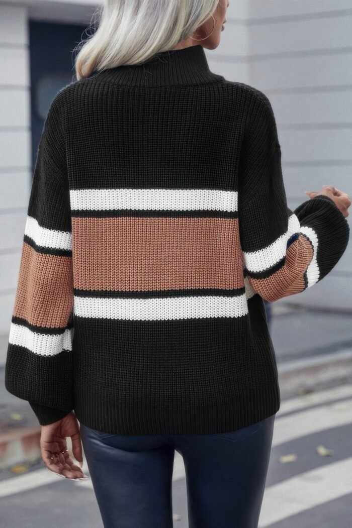 Half Zipper Strip Knit Loose Fit Sweater - Image 3