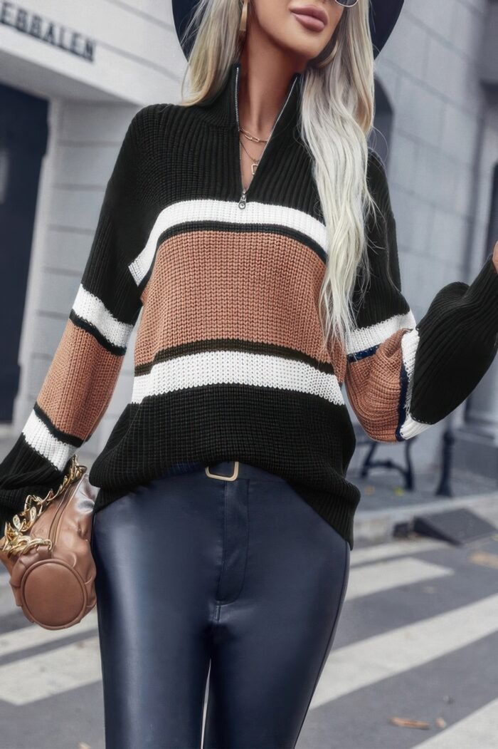 Half Zipper Strip Knit Loose Fit Sweater - Image 4