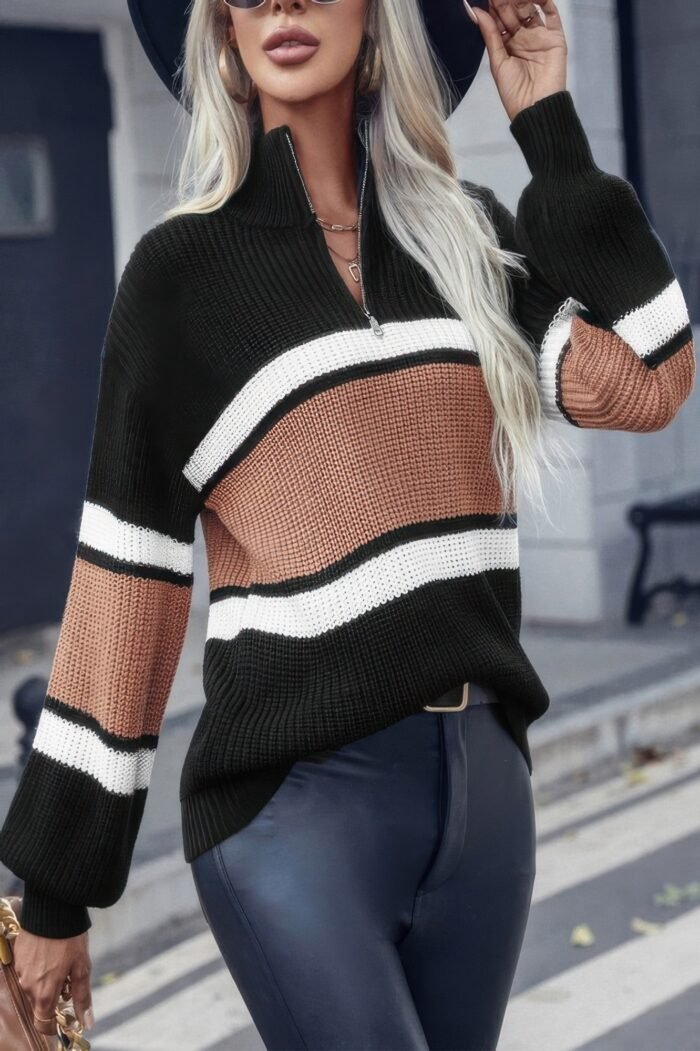 Half Zipper Strip Knit Loose Fit Sweater - Image 5
