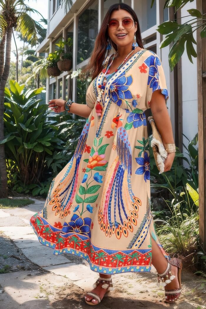 Plus Deep V Neck Allover Print High Waist Dress - Image 1