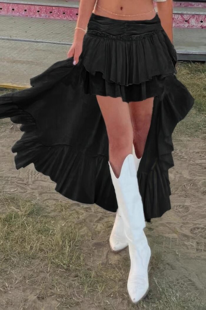 Solid low ruffle hem egirl goth tiered midi skirt - image 3