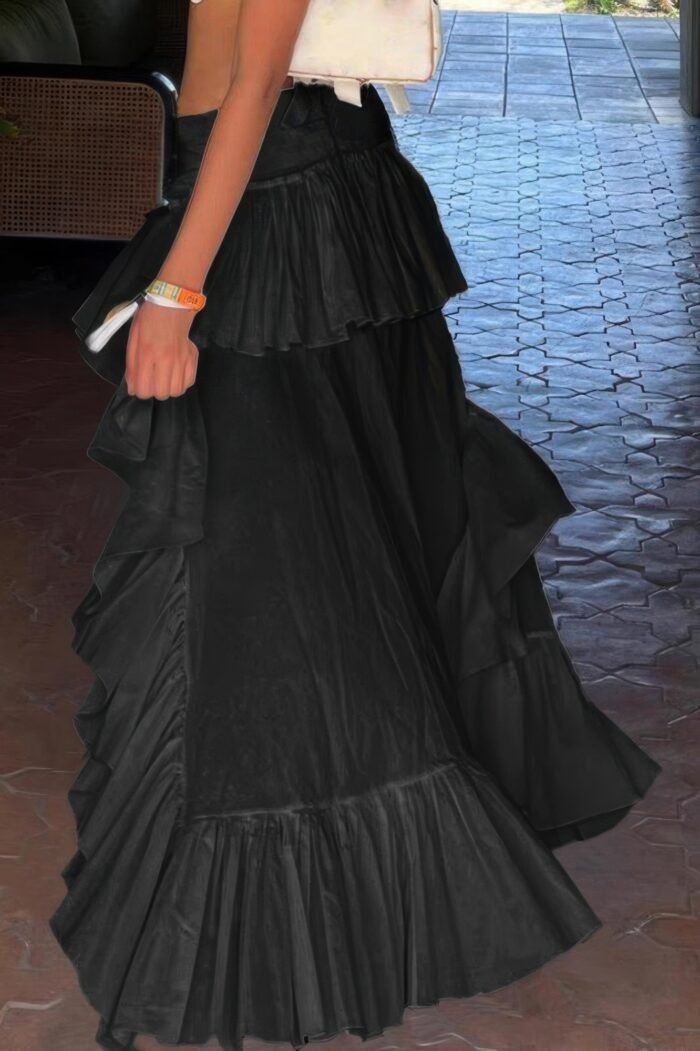 Solid low ruffle hem egirl goth tiered midi skirt - image 4