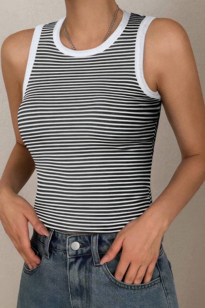 Striped Round Neck White Trim Crop Fitted Tank Top - Image 2