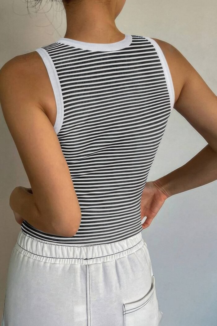 Striped Round Neck White Trim Crop Fitted Tank Top - Image 3