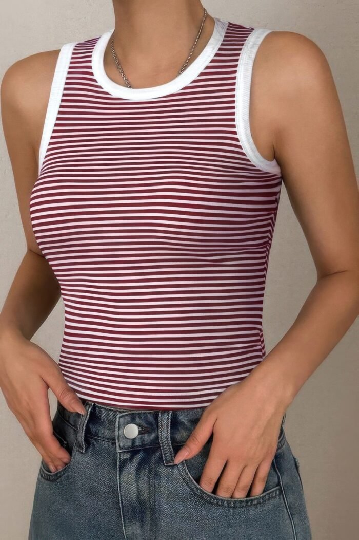 Striped Round Neck White Trim Crop Fitted Tank Top - Image 5