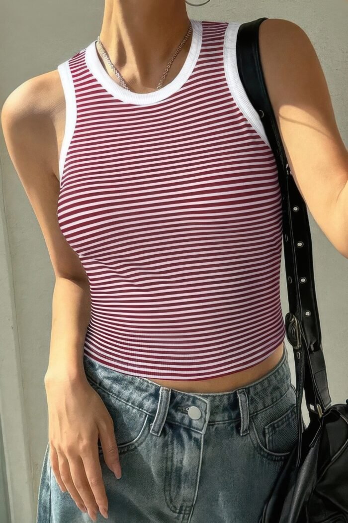 Striped Round Neck White Trim Crop Fitted Tank Top - Image 6