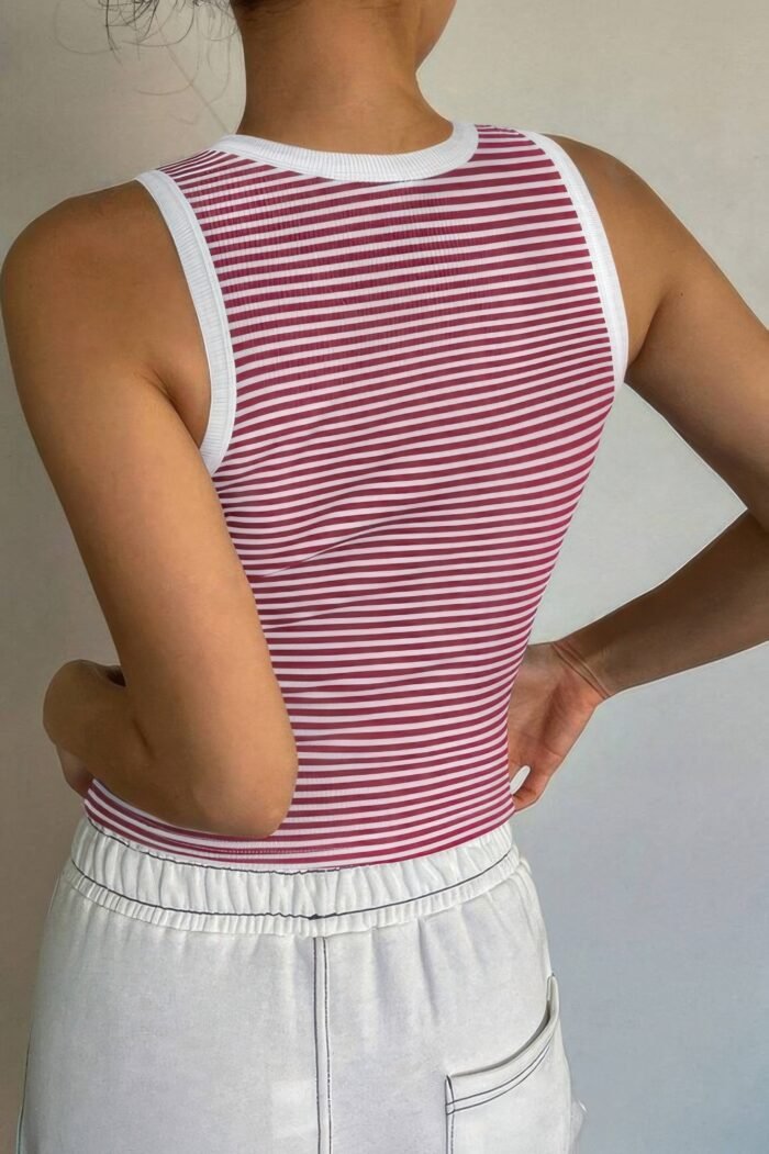 Striped Round Neck White Trim Crop Fitted Tank Top - Image 7