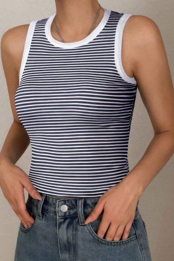 Striped Round Neck White Trim Crop Fitted Tank Top - Image 9