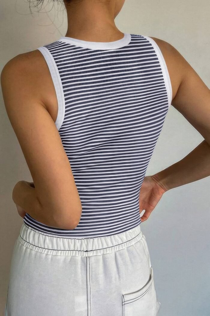 Striped Round Neck White Trim Crop Fitted Tank Top - Image 11