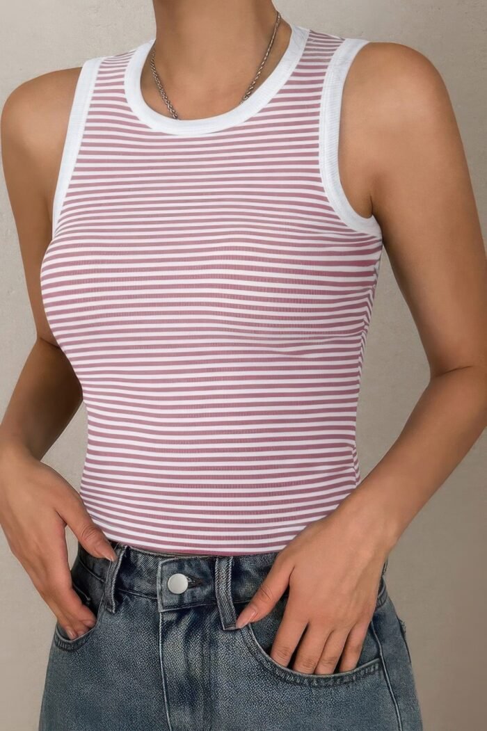 Striped Round Neck White Trim Crop Fitted Tank Top - Image 13