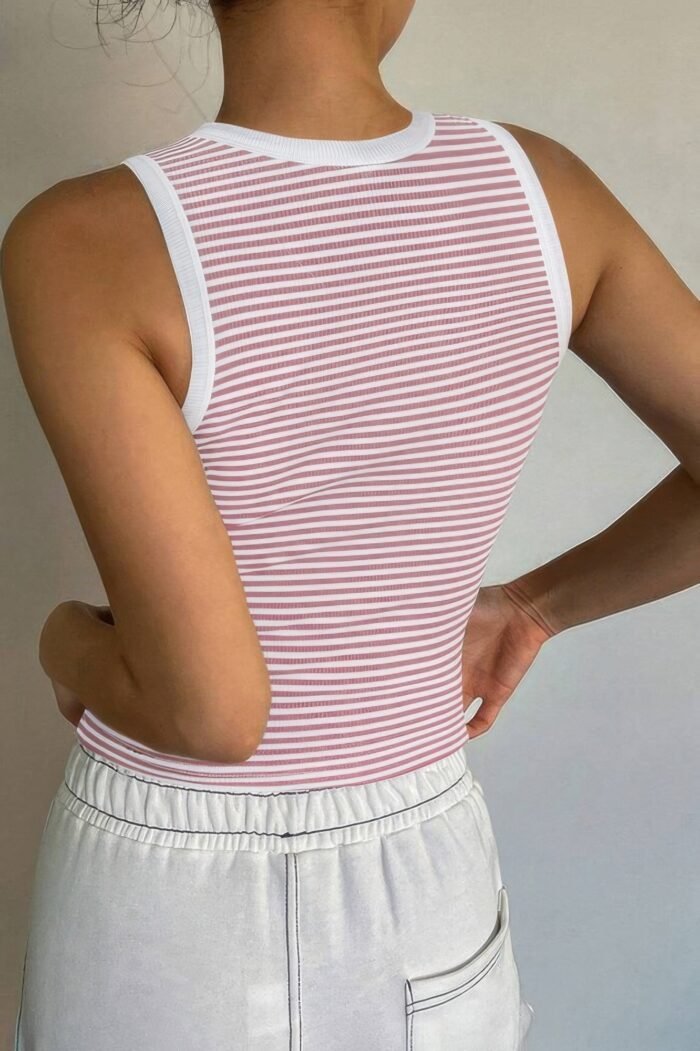 Striped Round Neck White Trim Crop Fitted Tank Top - Image 15